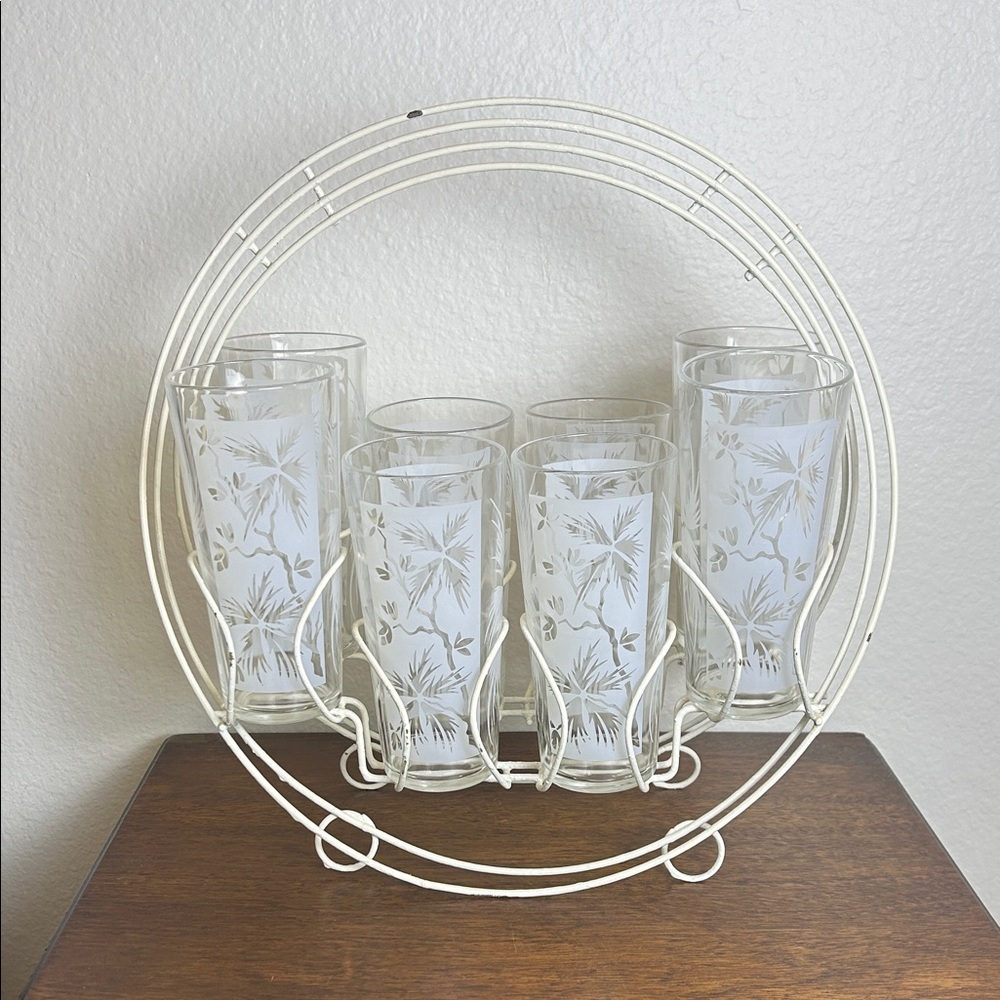 VTG MCM 8-Piece Glasses Etched Palm Trees Pattern Carousel Caddy